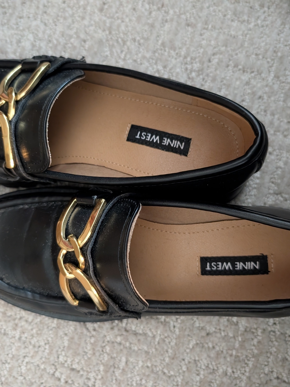 Nine West Black Leather Loafers with Gold Chain - Worn one time